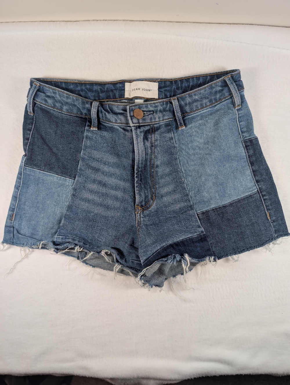 Dear John Patchwork Denim Cutoff Shorts in Mixed Blue Washes
